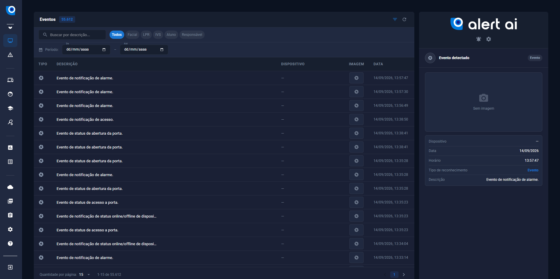 Lista de eventos do Alert AI com filtros por tipo e período e o detalhe do evento selecionado.
