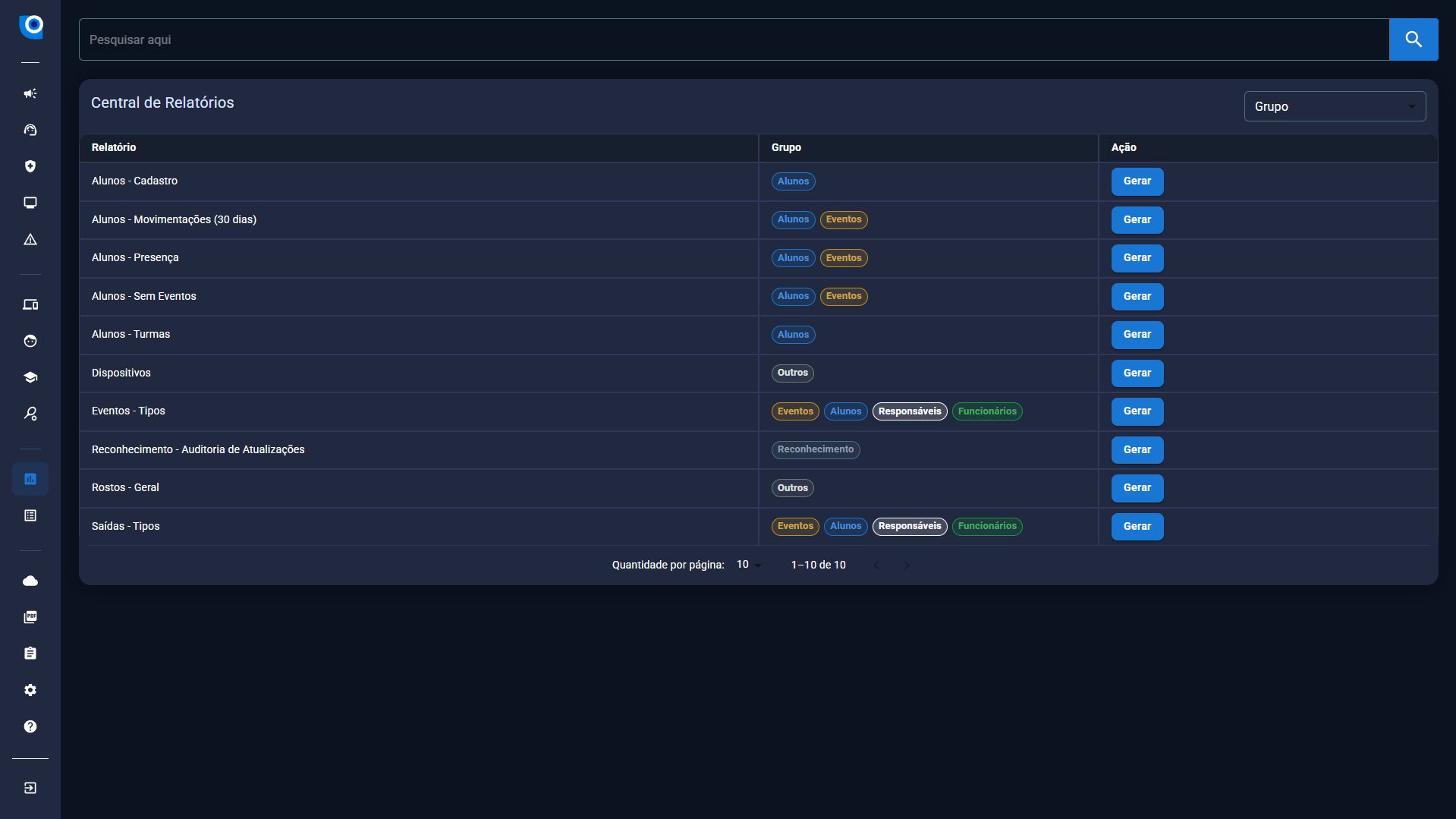 Central de relatórios do Alert AI com a lista de relatórios, grupos e o botão Gerar.